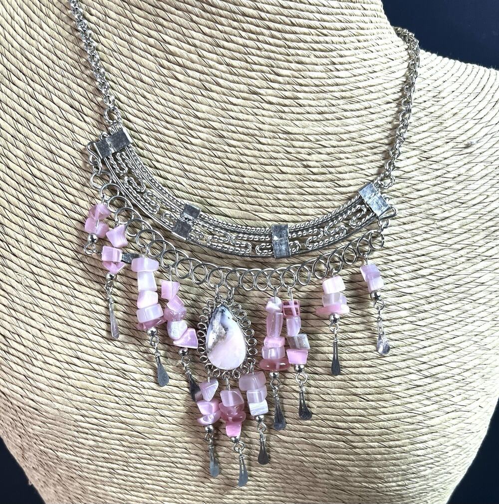 Rose Quartz Natural Stone Teardrop Necklace Alpaca Silver Handmade Peru New